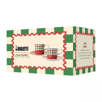 Bialetti Tricolore Espresso Cup and Saucer Set (2 Cups, 2 Saucers) – 80 ml Ceramic Cups with Italian Flag Design