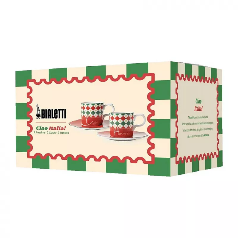 Bialetti Tricolore Espresso Cup and Saucer Set (2 Cups, 2 Saucers) – 80 ml Ceramic Cups with Italian Flag Design