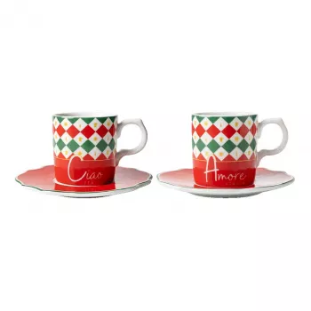 Bialetti Tricolore Espresso Cup and Saucer Set (2 Cups, 2 Saucers) – 80 ml Ceramic Cups with Italian Flag Design