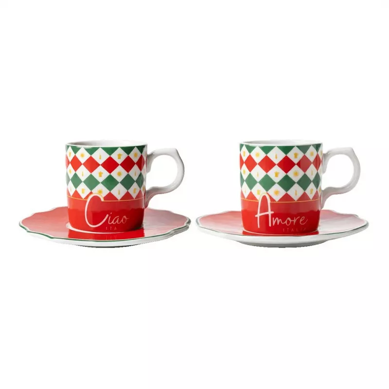 Bialetti Tricolore Espresso Cup and Saucer Set (2 Cups, 2 Saucers) – 80 ml Ceramic Cups with Italian Flag Design