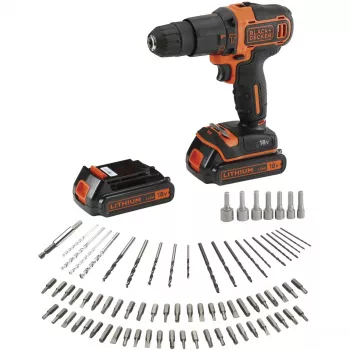 BLACK+DECKER 18V Cordless Hammer Drill Driver BDCHD18BAFC, Black/Orange, 2x 1.5Ah Li-Ion Batteries, 80-Piece Accessory Set, Kit Box