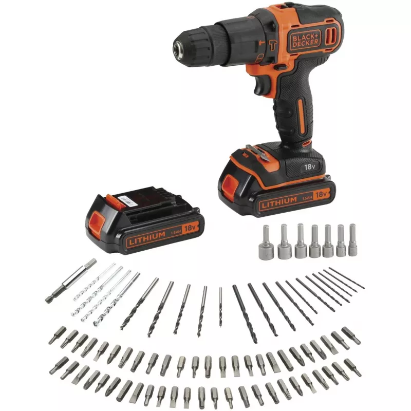 BLACK+DECKER 18V Cordless Hammer Drill Driver BDCHD18BAFC, Black/Orange, 2x 1.5Ah Li-Ion Batteries, 80-Piece Accessory Set, Kit Box