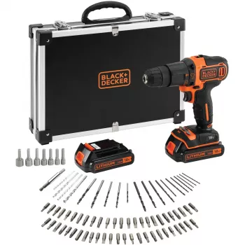 BLACK+DECKER 18V Cordless Hammer Drill Driver BDCHD18BAFC, Black/Orange, 2x 1.5Ah Li-Ion Batteries, 80-Piece Accessory Set, Kit Box