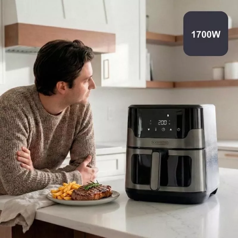 BLACK+DECKER BXAF8001E 8L Digital Air Fryer, 1700W, 8 Presets, Non-stick Basket, Black