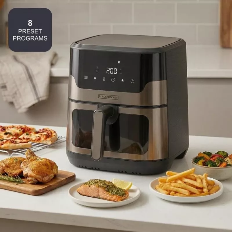 BLACK+DECKER BXAF8001E 8L Digital Air Fryer, 1700W, 8 Presets, Non-stick Basket, Black