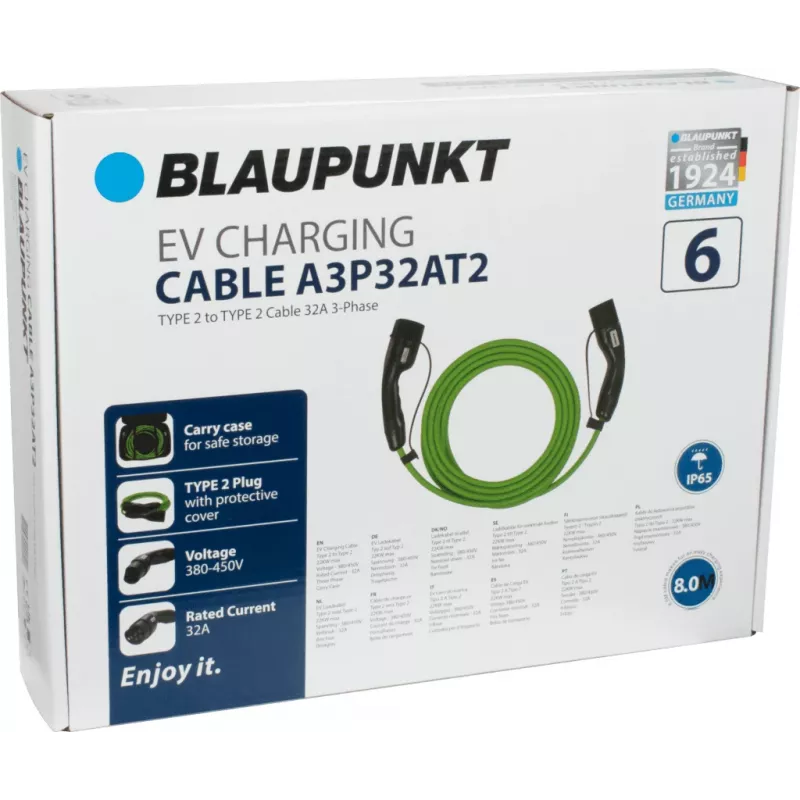 Blaupunkt Type 2 to Type 2 EV Charging Cable 8m 32A 3-Phase 22kW (A3P32AT2)