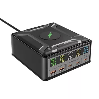 BlitzWolf BW-S28 260W GaN USB-C Charging Station, 2xUSB-A, 3xUSB-C, 15W Wireless Charger, Black