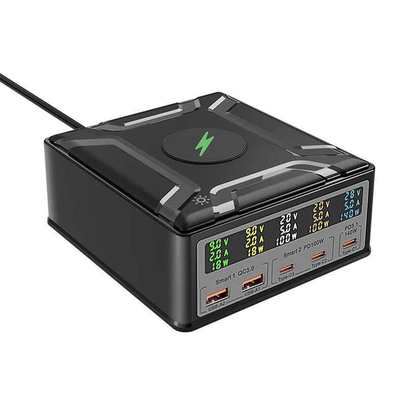 BlitzWolf BW-S28 260W GaN USB-C Charging Station, 2xUSB-A, 3xUSB-C, 15W Wireless Charger, Black