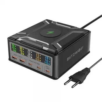 BlitzWolf BW-S28 260W GaN USB-C Charging Station, 2xUSB-A, 3xUSB-C, 15W Wireless Charger, Black