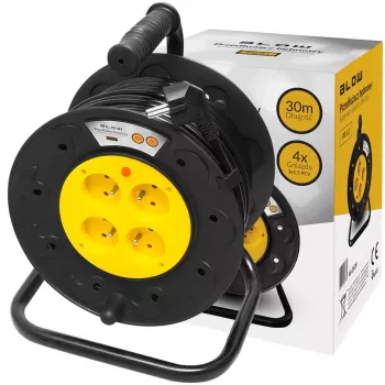 BLO PR-61 30m Extension Cord Reel with 4 Grounded Sockets, Thermal Cut-out, 3x1.5mm² H05VV-F Cable, IP20, 16A/230V, Max 3680W Unrolled