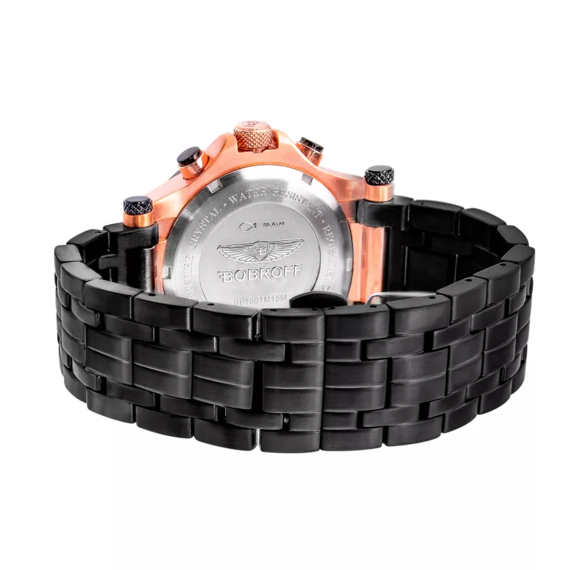 BOBROFF MAN BF1001M15M 44mm Analog Quartz Watch Black Dial Genuine Leather Strap