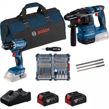 Bosch 18V Professional Set Rotary Hammer GBH 18V-22 + Drill Driver GSR 18V-45 - (blue/black, 2x Li-Ion Battery 4.0Ah, Hammer Drill Bit and Bit Set, Tool Bag) (0615V0003D)