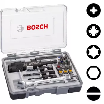 Bosch 2607002786 20-Piece Screwdriver Bit Set with Magnetic Universal Holder, 25 mm S2 Steel Bits for Phillips, Pozidriv, Slotted, Torx, Hex