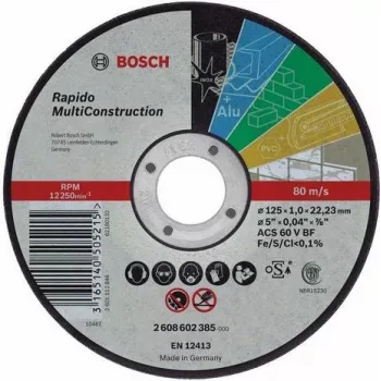 Bosch MultiConstruction Cutting Disc 115 mm, 1.0 mm Thick, 22.23 mm Bore, 80 m/s, Aluminium Oxide, Type 41, for Metal, Stone, Concrete, Brick, Tiles, Plastic, Wood 2608602384