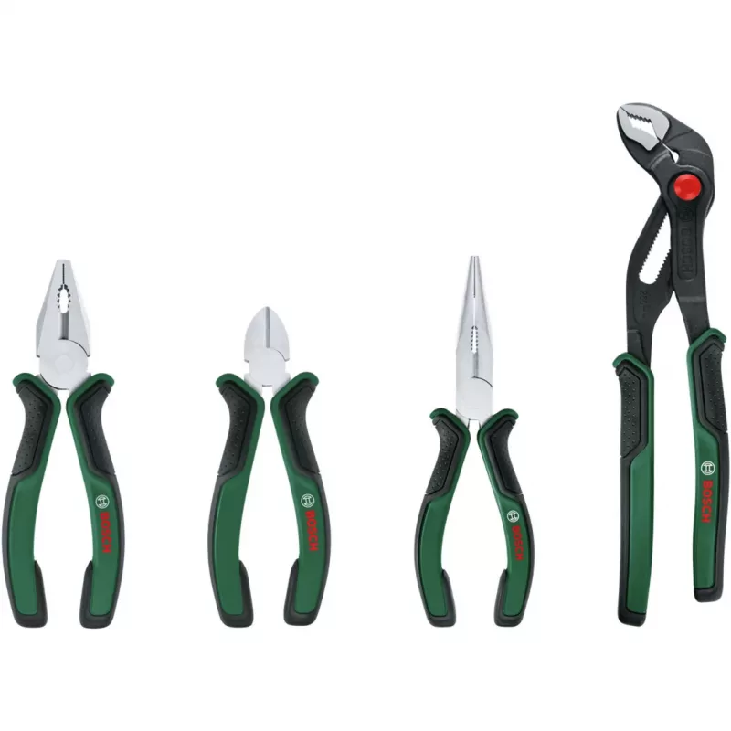 Bosch 4-Piece Pliers Set 1600A02W7K | Combination, Diagonal, Long Nose & Water Pump Pliers | Chrome Vanadium Steel | Green/Black Soft Grip