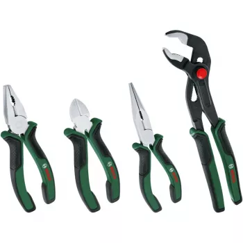 Bosch 4-Piece Pliers Set 1600A02W7K | Combination, Diagonal, Long Nose & Water Pump Pliers | Chrome Vanadium Steel | Green/Black Soft Grip
