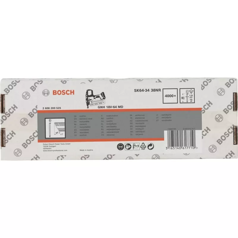 BOSCH POWERTOOLS Countersunk Finish Nails SK64-34 38NR, 34° / 1.8 mm / 15 ga (Stainless Steel, 4000 Pieces)