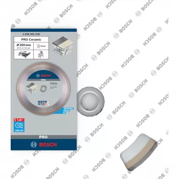Bosch PRO Ceramic Diamond Cutting Disc, 250 mm Diameter, 30 mm Bore (with 25.4 mm Reducing Ring), Continuous Rim, Wet/Dry
