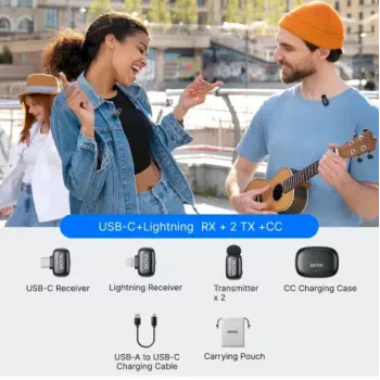 BOYA Mini 2-01 Wireless Microphone System 2.4GHz with 2 Transmitters and 2 Receivers (USB-C and Lightning) Black