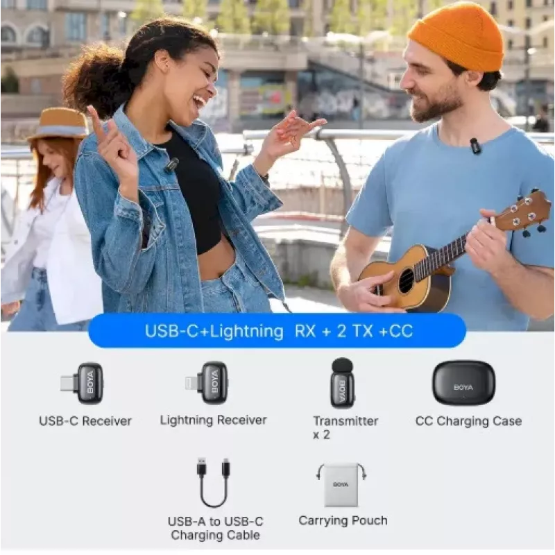 BOYA Mini 2-01 Wireless Microphone System 2.4GHz with 2 Transmitters and 2 Receivers (USB-C and Lightning) Black