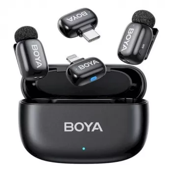 BOYA Mini 2-01 Wireless Microphone System 2.4GHz with 2 Transmitters and 2 Receivers (USB-C and Lightning) Black