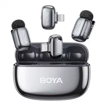 BOYA Mini 2-01 Wireless Microphone System with AI Noise Cancellation, 2 Transmitters and 2 Receivers (USB-C and Lightning), Space Gray