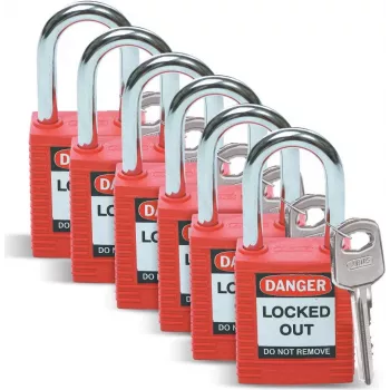 Brady Lockout Safety Padlock Set, Nylon Body, Steel Shackle, Keyed Different, Red, 6-Pack (051339)