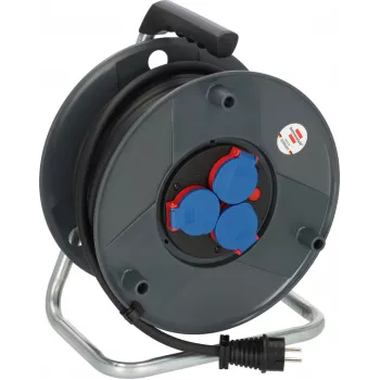 Brennenstuhl 30m IP44 Cable Reel H07RN-F 3G2.5 with 3 Type E Sockets, Thermal Cut-Out, Blue Cable, Black Reel