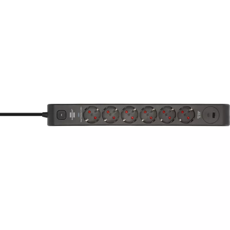 BRENNENSTUHL 6-Way Power Strip with 1x USB-C, 1x USB-A, Surge Protection 13,500A, 2m Cable, Black/Anthracite