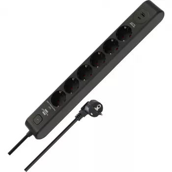 BRENNENSTUHL 6-Way Power Strip with 1x USB-C, 1x USB-A, Surge Protection 13,500A, 2m Cable, Black/Anthracite