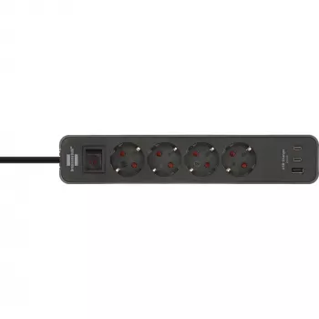 Brennenstuhl Ecolor Power Strip 4-Way with 2x USB-C, 1x USB-A, 1.5m Cable, Safety Switch, Black/Anthracite