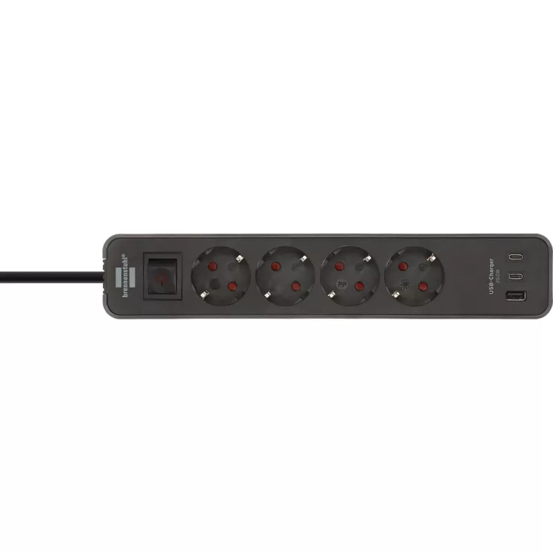 Brennenstuhl Ecolor Power Strip 4-Way with 2x USB-C, 1x USB-A, 1.5m Cable, Safety Switch, Black/Anthracite