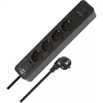 Brennenstuhl Ecolor Power Strip 4-Way with 2x USB-C, 1x USB-A, 1.5m Cable, Safety Switch, Black/Anthracite