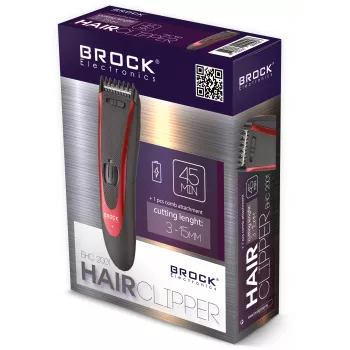 Brock BHC 2001 Hair Clipper, Black/Red, Corded, Stainless Steel Blades, 4 Comb Attachments (3-12 mm), Adjustable Taper Lever