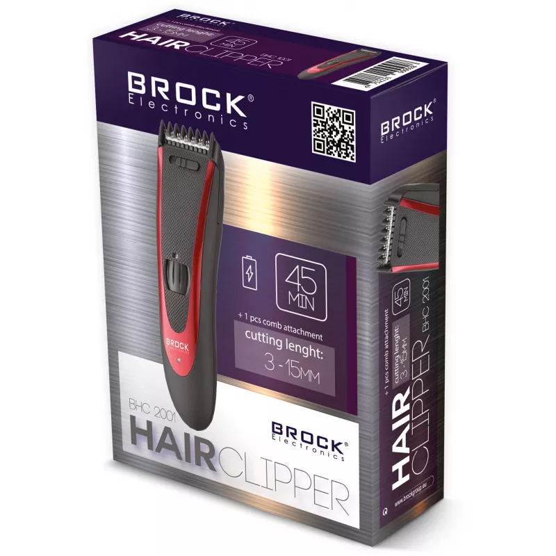 Brock BHC 2001 Hair Clipper, Black/Red, Corded, Stainless Steel Blades, 4 Comb Attachments (3-12 mm), Adjustable Taper Lever
