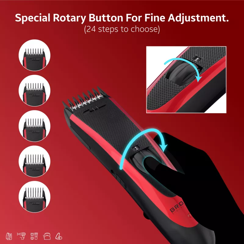 Brock BHC 2001 Hair Clipper, Black/Red, Corded, Stainless Steel Blades, 4 Comb Attachments (3-12 mm), Adjustable Taper Lever