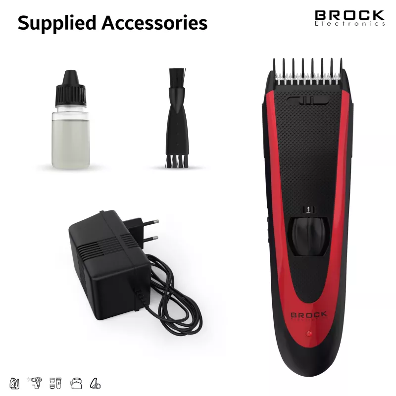 Brock BHC 2001 Hair Clipper, Black/Red, Corded, Stainless Steel Blades, 4 Comb Attachments (3-12 mm), Adjustable Taper Lever