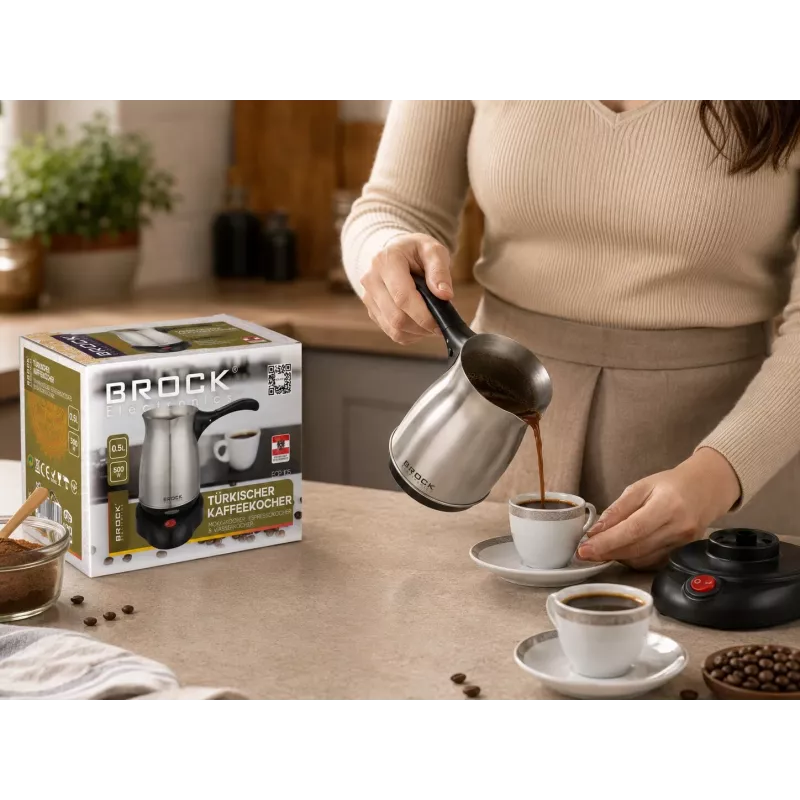 Brock ECP 105 Electric Turkish Coffee Maker, 300 ml, 800 W, Black & Stainless Steel, 4 Cups, Cordless with 360° Base