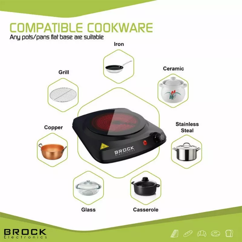Brock HPI 3001 BK 1500W Single Electric Hot Plate with Cast Iron Plate and Adjustable Thermostat, Black