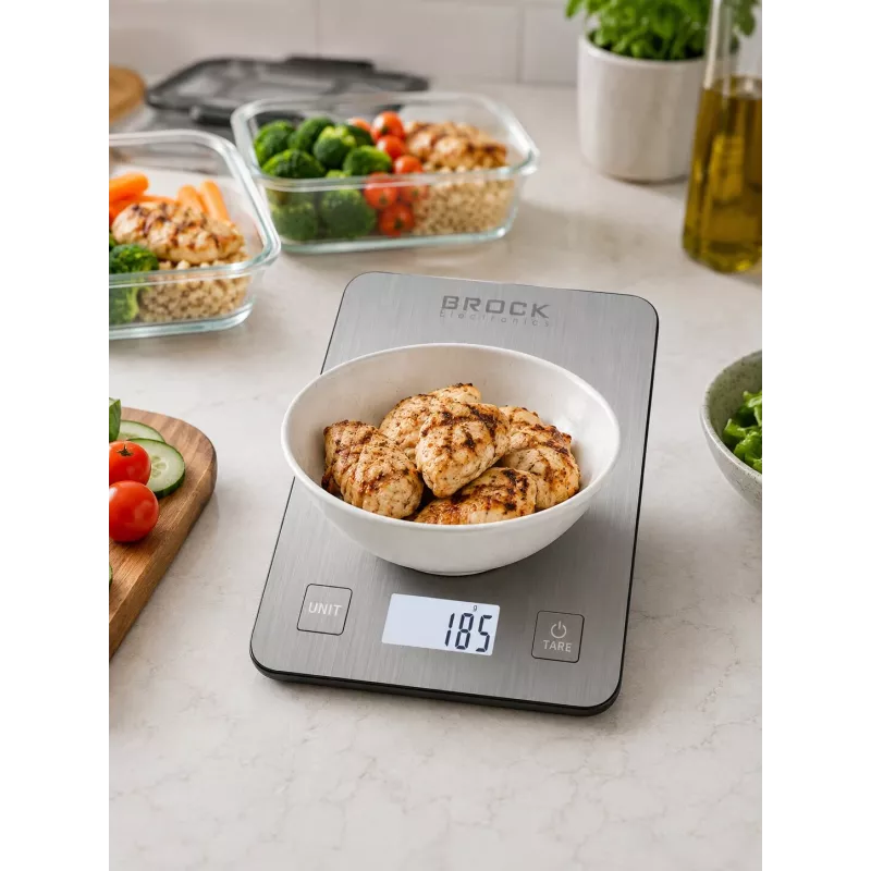 Brock SKS 1009 Digital Kitchen Scale with LED Display, 5 kg Capacity, 1 g Precision, Tempered Glass Platform, Black