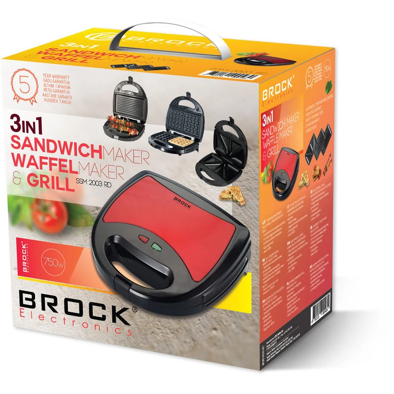 Brock SSM 2003 RD 3-in-1 Sandwich Maker, Waffle Maker and Grill, 750 W, Black/Red