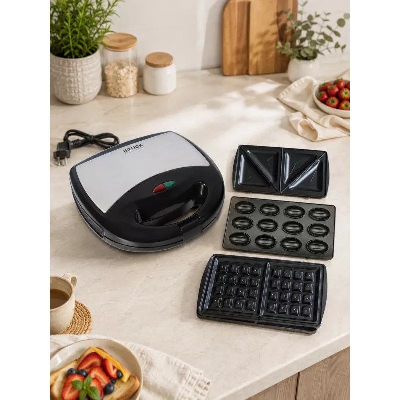 Brock SSM 2004 SS 3-in-1 Sandwich, Waffle & Nutlet Maker, 750W, Black/Steel