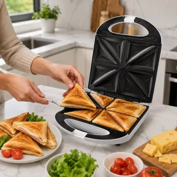 Brock SSM 3008 WH 8-Slice XXL Sandwich Maker, 1400W, Non-Stick Triangular Plates, Cool-Touch Handle, Safety Lock, Vertical Storage, White