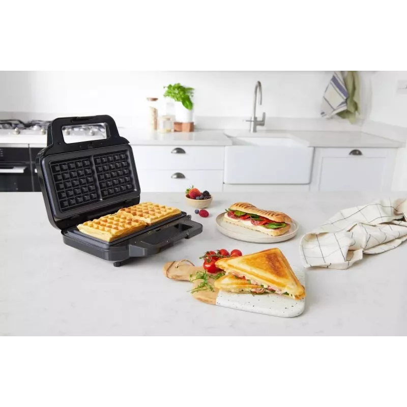 BRV VST098X 3-in-1 Sandwich Maker, Waffle Maker & Grill, 850 W, DuraCeramic Non-Stick Plates, Black/Silver
