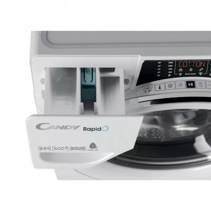 Candy ROW4966DWMCT/1-S Freestanding Washer Dryer, 9 kg Wash, 6 kg Dry, 1400 rpm, White with Chrome Door