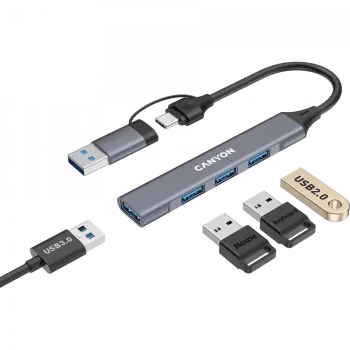 CANYON DS-02 4-in-1 USB-C Hub with 4K HDMI, 100W PD, USB-A 3.0 & 2.0, Space Grey