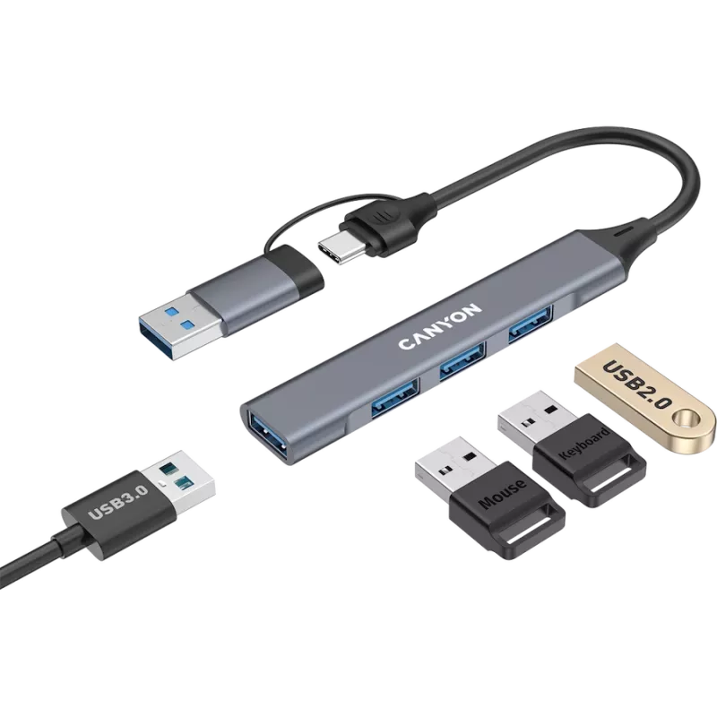 CANYON DS-02 4-in-1 USB-C Hub with 4K HDMI, 100W PD, USB-A 3.0 & 2.0, Space Grey