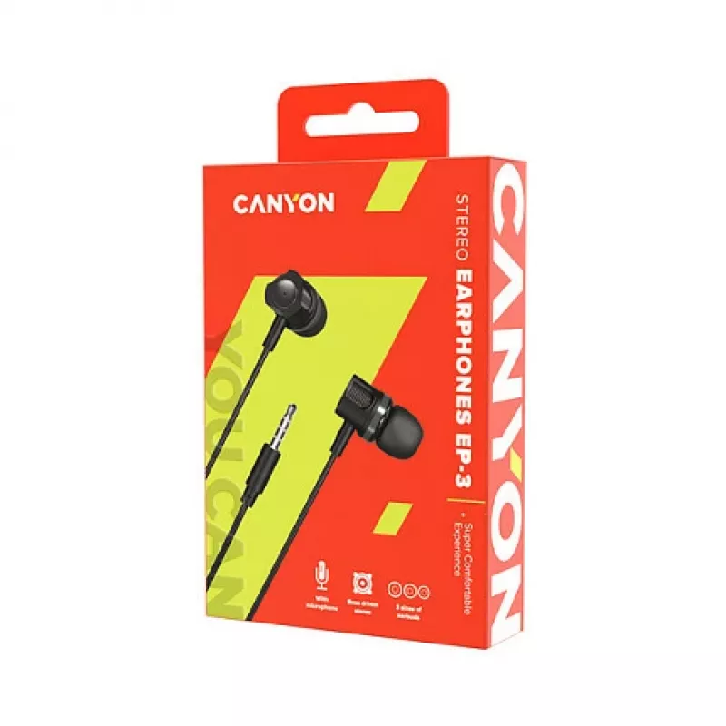 CANYON EP-3 In-Ear Headset with Microphone, 1.2m Flat Cable, Dark Grey