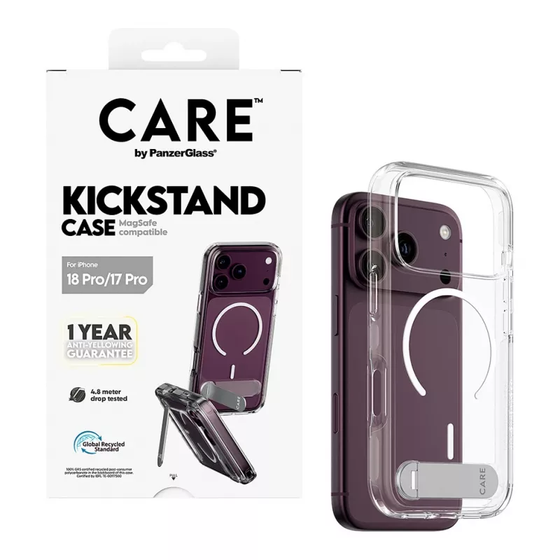 CARE by PanzerGlass Kickstand Case Transparent with White MagSafe for iPhone 17 Pro