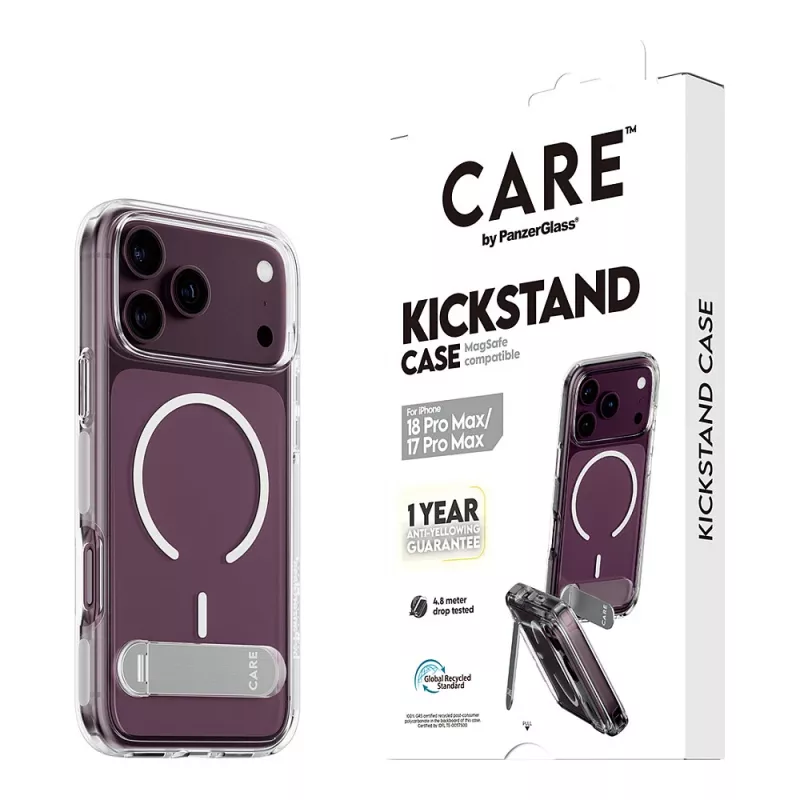 CARE by PanzerGlass Kickstand Case Transparent with White MagSafe for iPhone 17 Pro Max